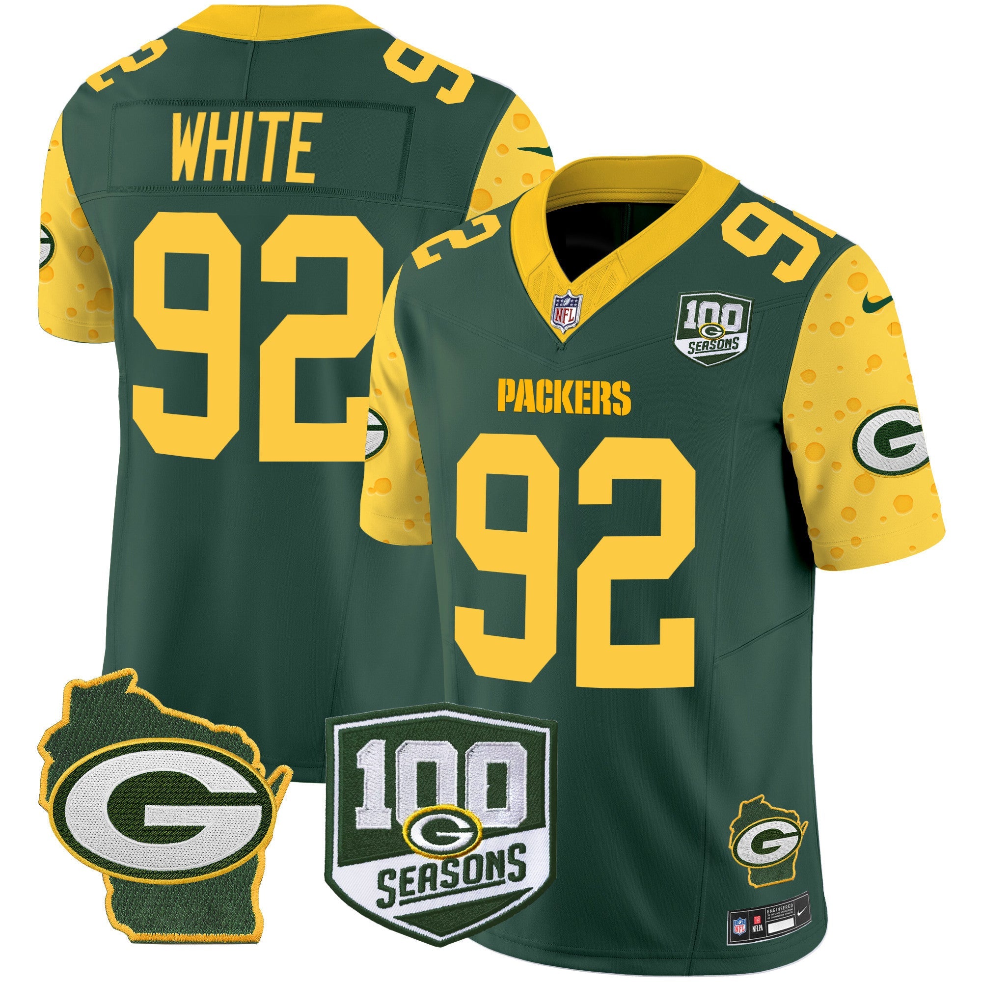 Packers 100th Season & Home Patch Cheese Vapor Limited Jersey All Stitched – Green – Reggie White Jersey