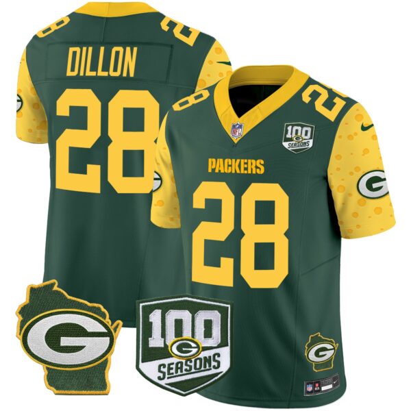 Packers 100th Season & Home Patch Cheese Vapor Limited Jersey All Stitched – Green – AJ Dillon Jersey
