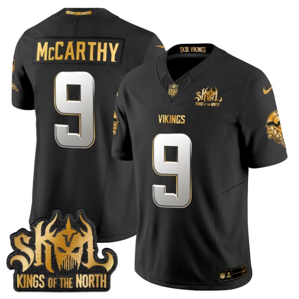 Minnesota Vikings 2024 Winter Warrior Skol Patch Gold Vapor Limited Jersey – All Stitched – Black Limited – J.J. McCarthy Jersey