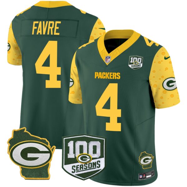 Packers 100th Season & Home Patch Cheese Vapor Limited Jersey All Stitched – Green – Brett Favre Jersey