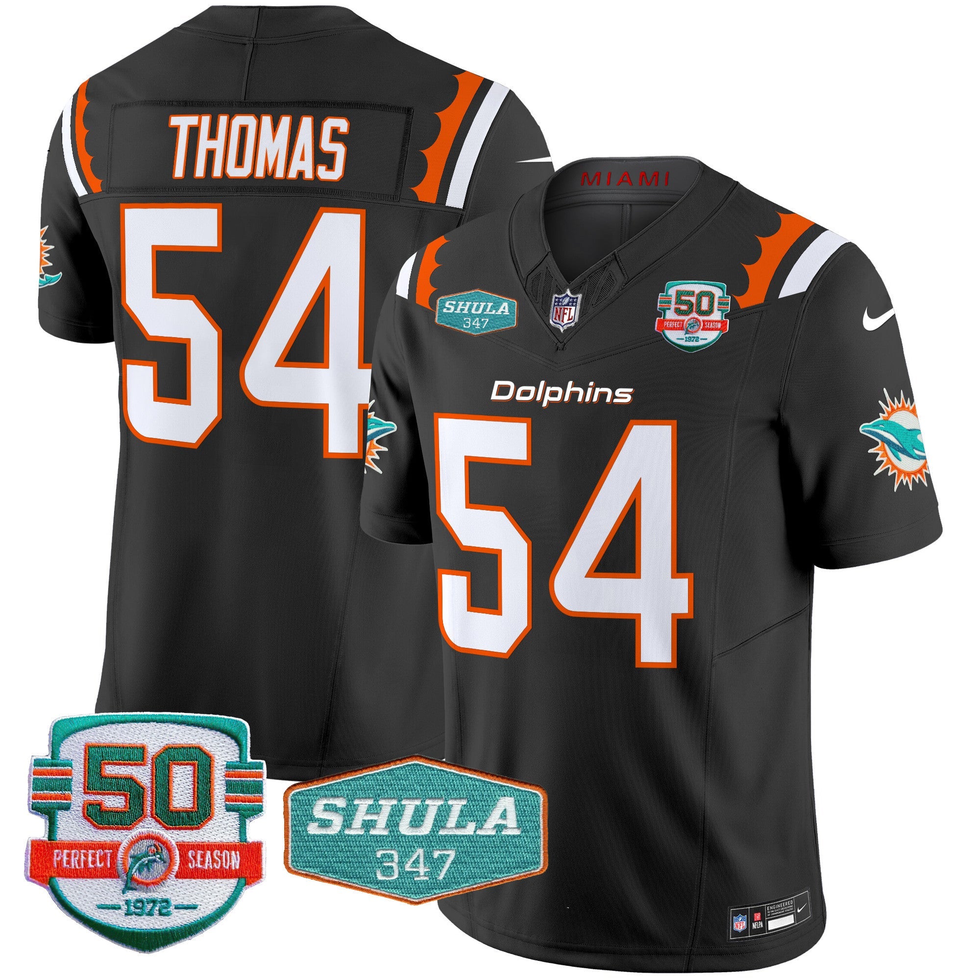 Dolphins 50th & Don Shula 347 Memorial Patch Vapor Limited Jersey – All Stitched – Black – Zach Thomas Jersey