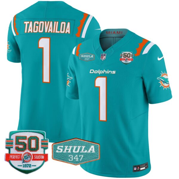 Dolphins 50th & Don Shula 347 Memorial Patch Vapor Limited Jersey – All Stitched – Aqua – Tua Tagovailoa Jersey