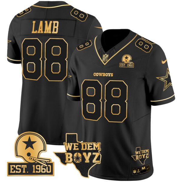 Cowboys Est. 1960 & We Dem Boyz Patch Gold Vapor Limited Jersey V2 – All Stitched – Black Gold – CeeDee Lamb Jersey