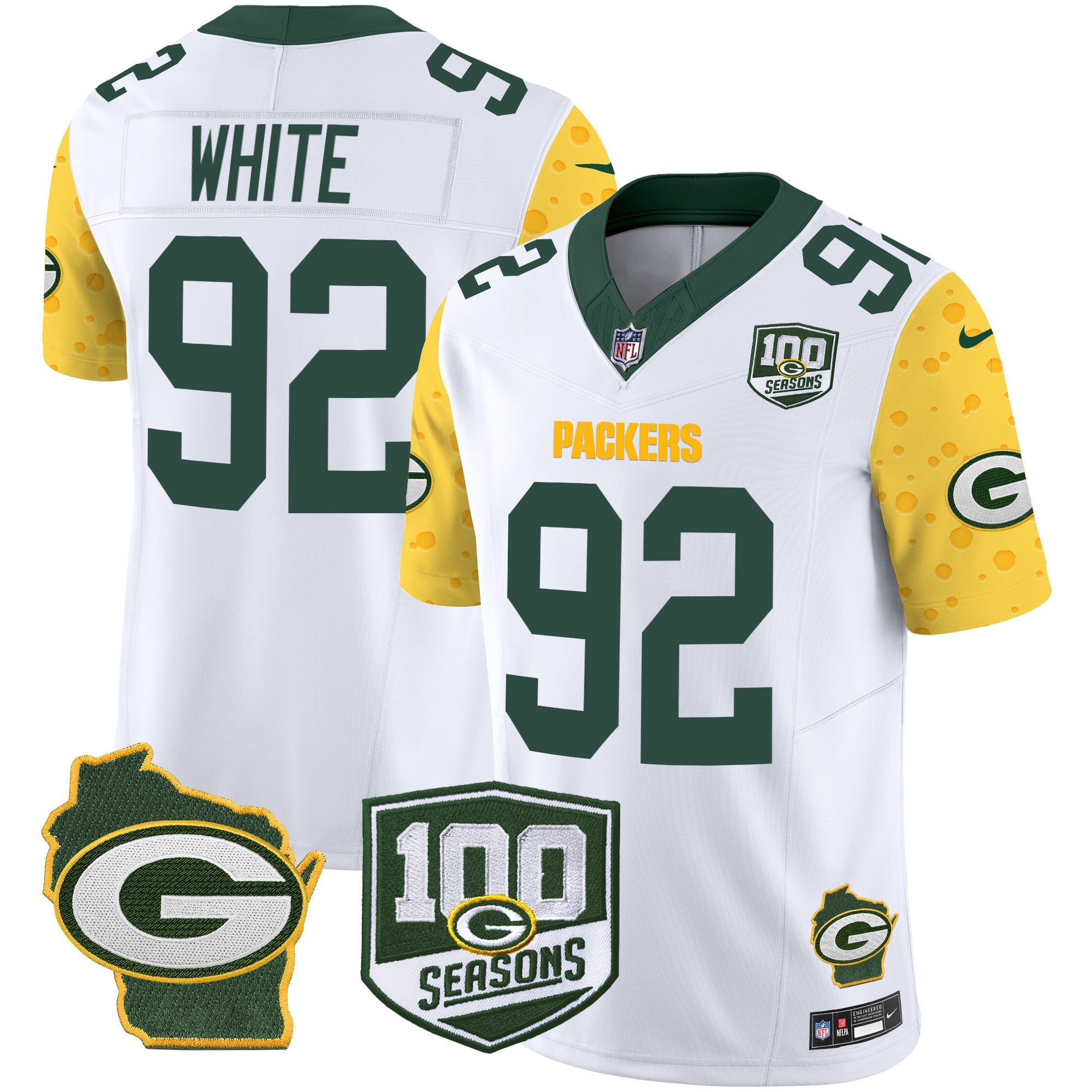 Packers 100th Season & Home Patch Cheese Vapor Limited Jersey All Stitched – White – Reggie White Jersey