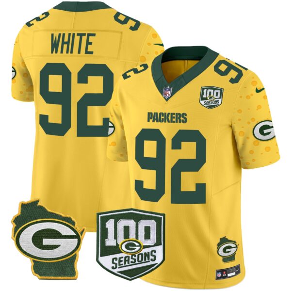 Packers 100th Season & Home Patch Cheese Vapor Limited Jersey All Stitched – Gold – Reggie White Jersey