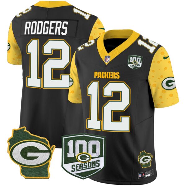 Packers 100th Season & Home Patch Cheese Vapor Limited Jersey All Stitched – Black – Aaron Rodgers Jersey
