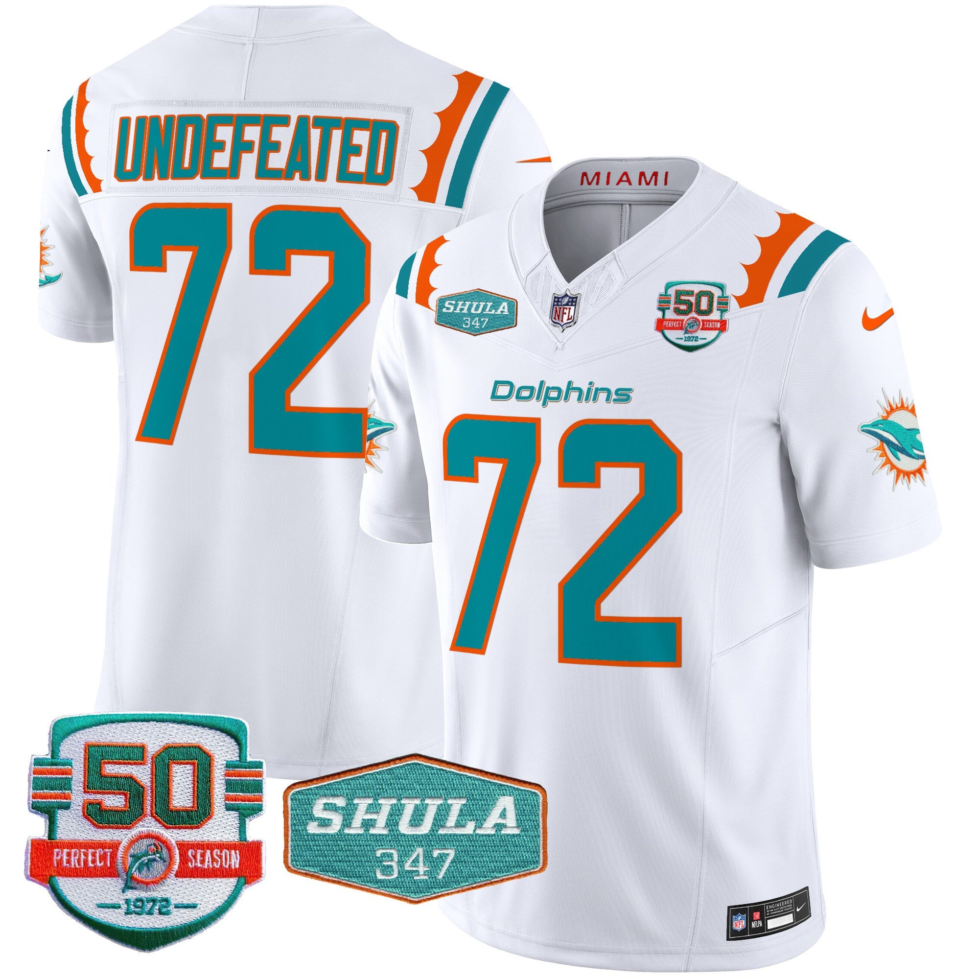 Dolphins 50th & Don Shula 347 Memorial Patch Vapor Limited Jersey – All Stitched – White – Undefeated Jersey