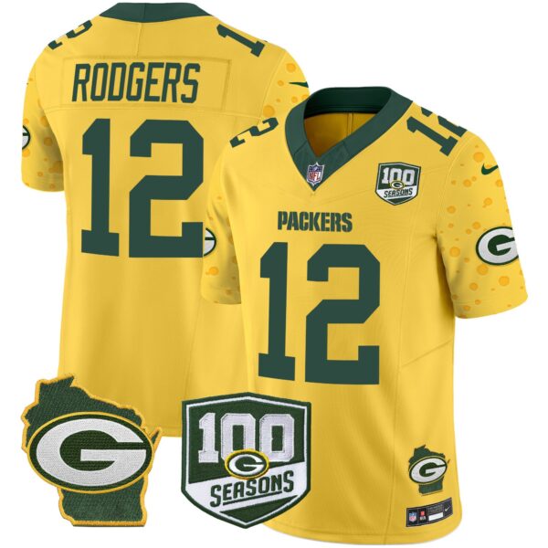 Packers 100th Season & Home Patch Cheese Vapor Limited Jersey All Stitched – Gold – Aaron Rodgers Jersey