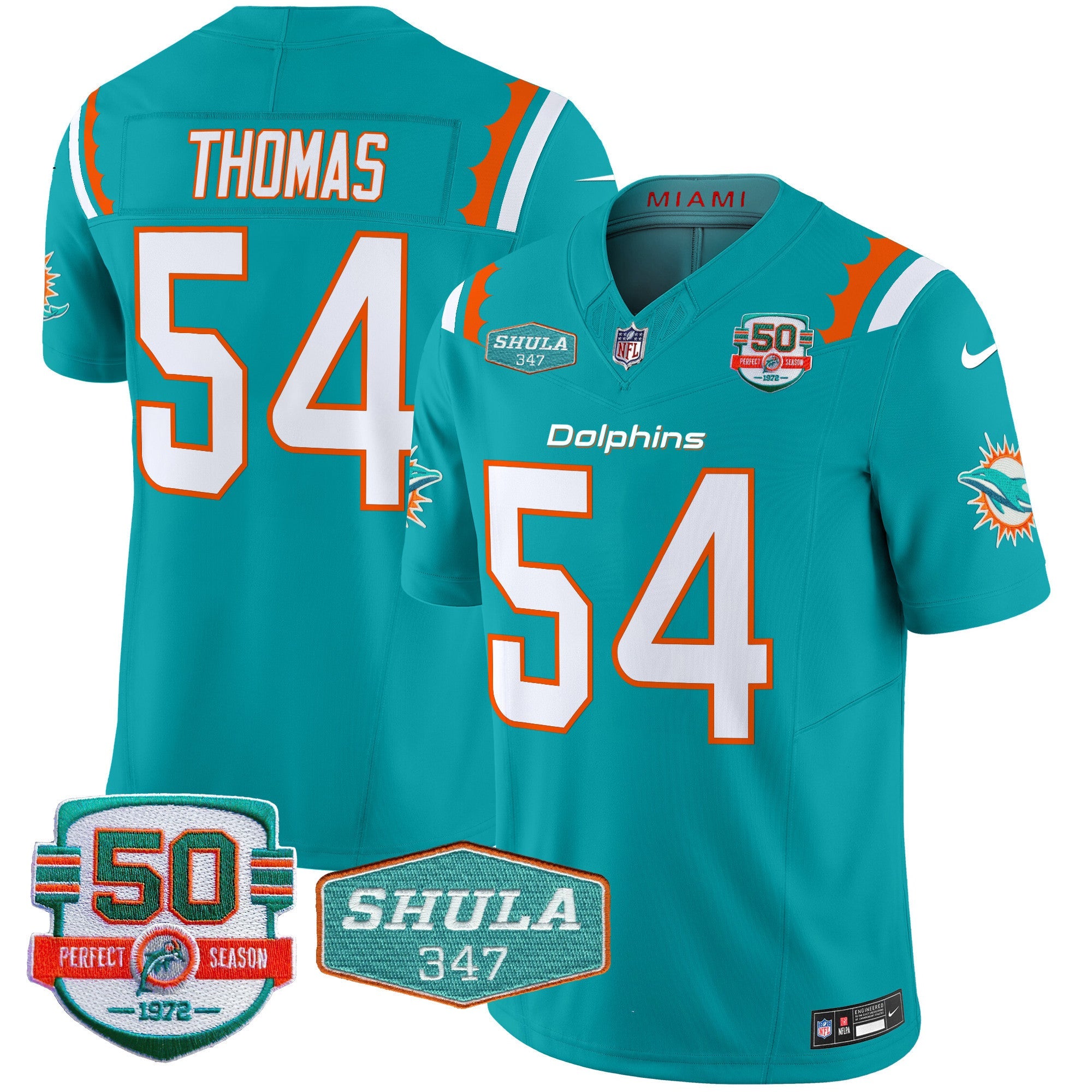 Dolphins 50th & Don Shula 347 Memorial Patch Vapor Limited Jersey – All Stitched – Aqua – Zach Thomas Jersey