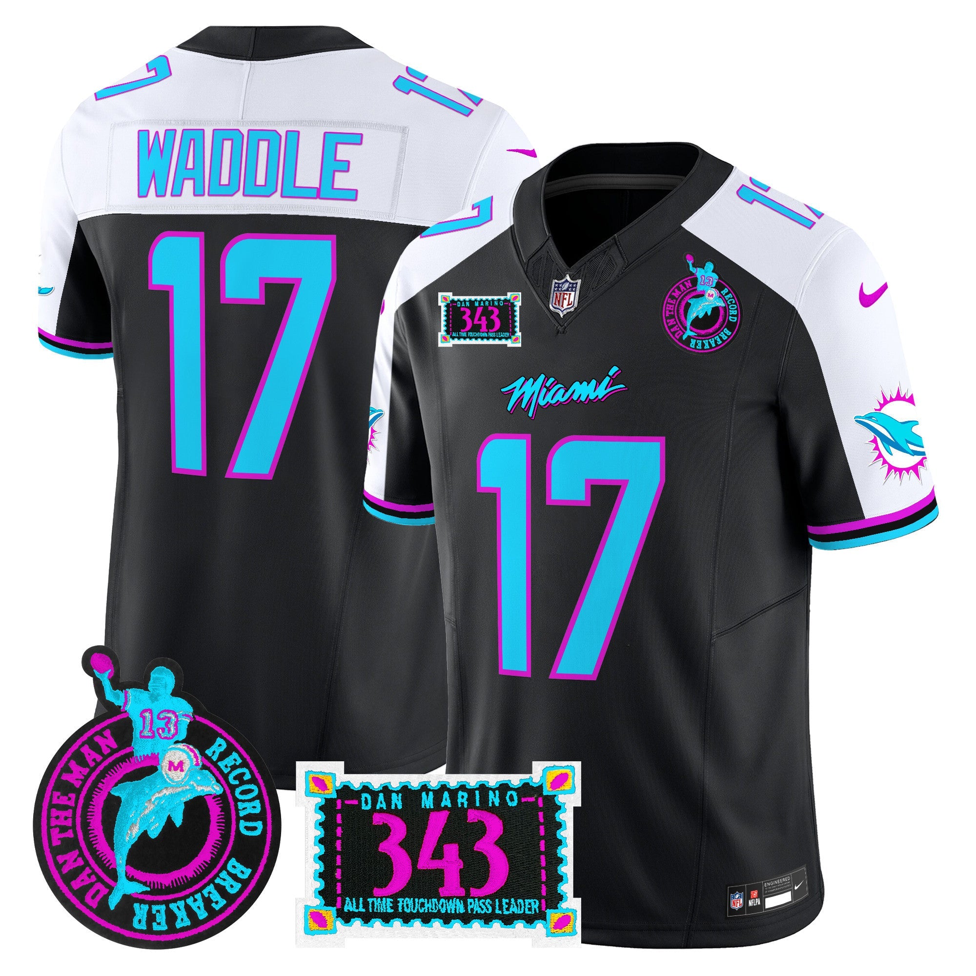 Dolphins Dan the Man Record Breaker Patch Vapor Limited Jersey – All Stitched – Black Alternate – Jaylen Waddle Jersey