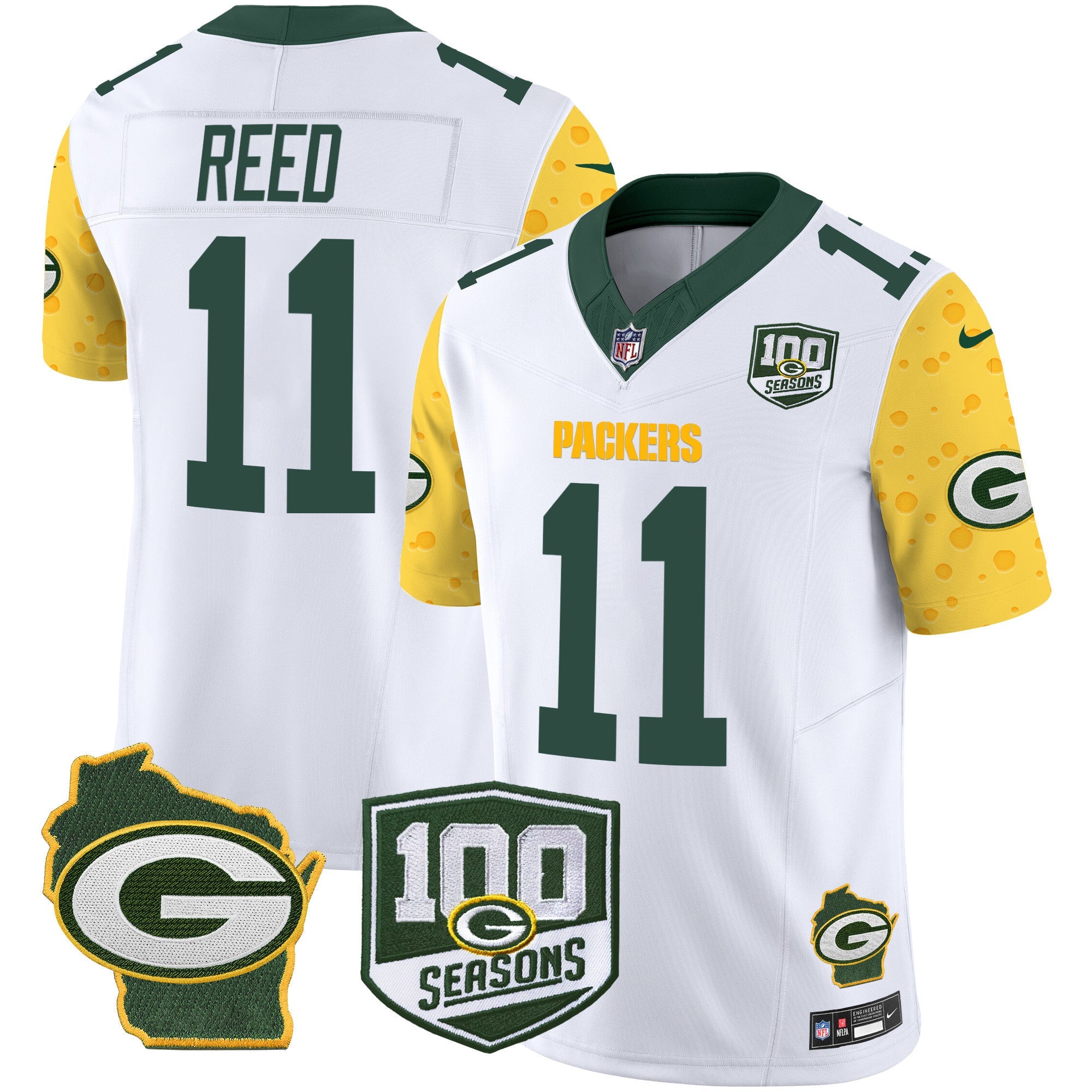 Packers 100th Season & Home Patch Cheese Vapor Limited Jersey All Stitched – White – Jayden Reed Jersey