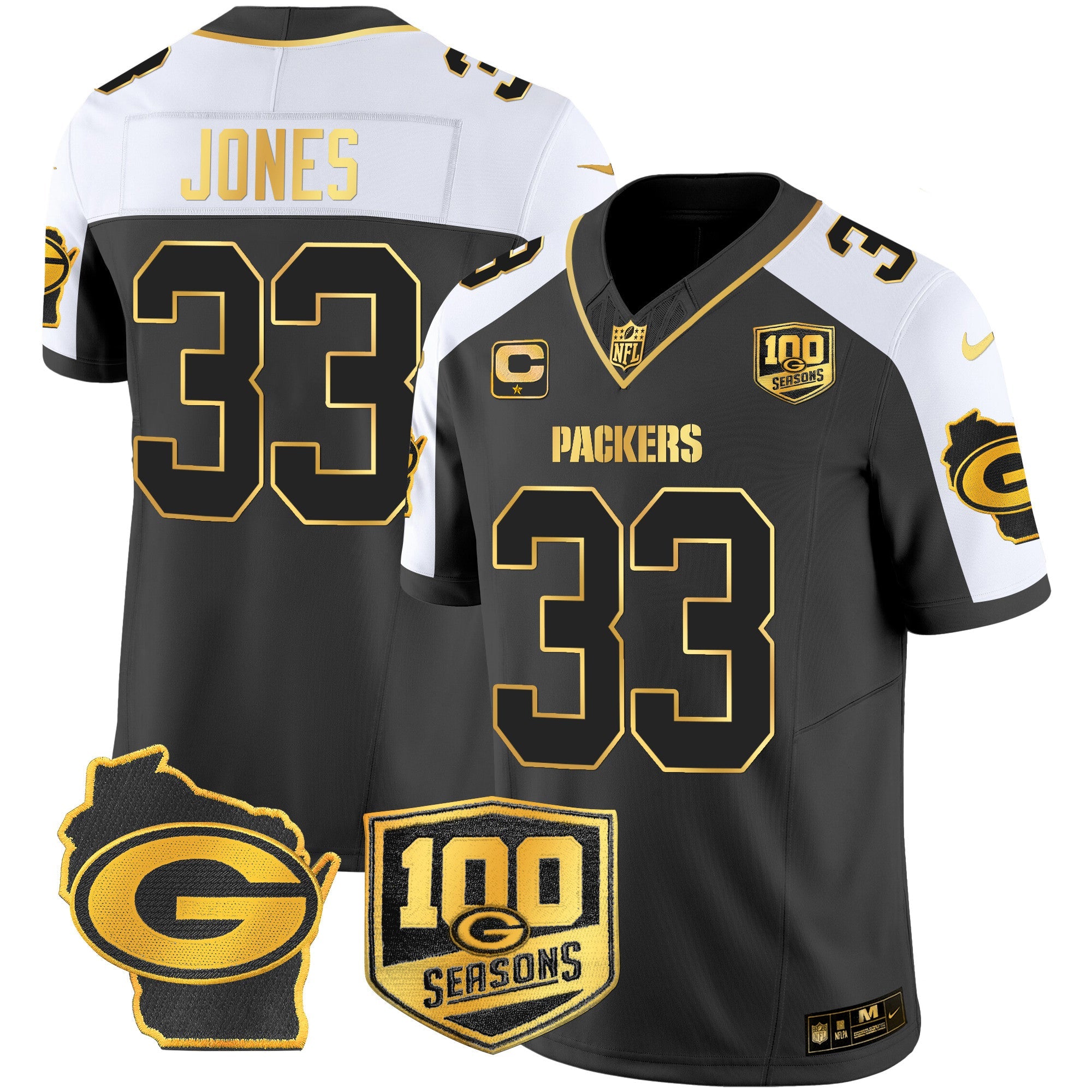 Packers 100th Season & Home Patch Gold Vapor Limited Jersey All Stitched – Alternate – Aaron Jones Jersey
