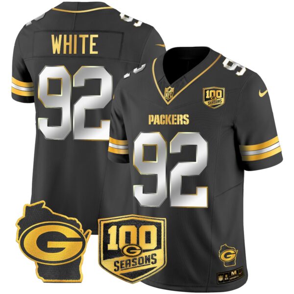 Packers 100th Season & Home Patch Gold Vapor Limited Jersey All Stitched – Black Limited – Reggie White Jersey