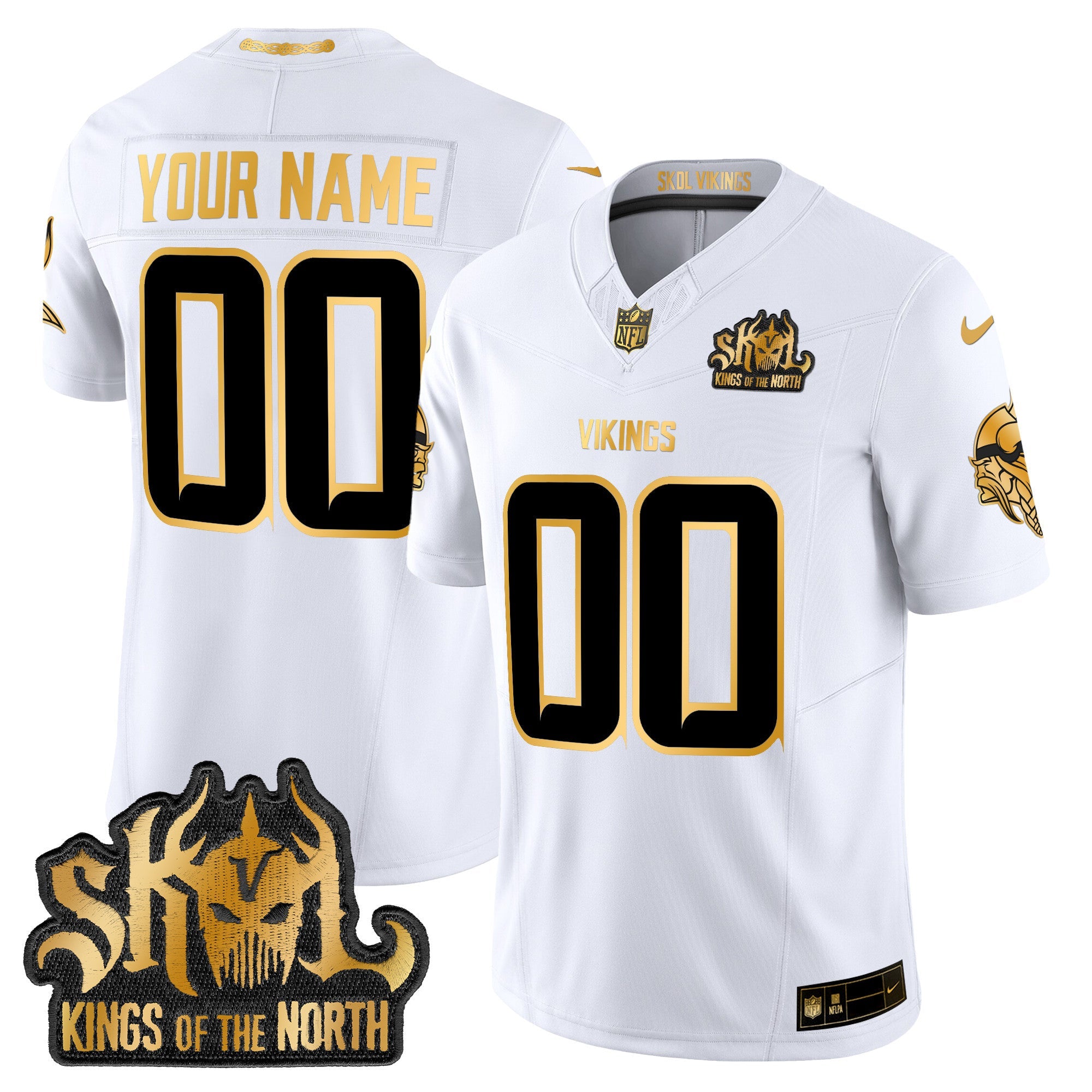 Minnesota Vikings 2024 Winter Warrior Skol Patch Gold Vapor Limited Custom Jersey – All Stitched – White Gold Jersey