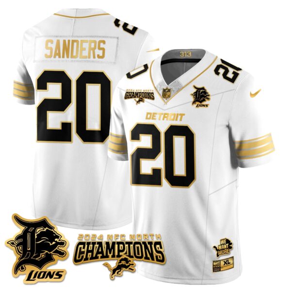 Detroit Lions 2024 NFC North Champions Gold Jersey N1 – All Stitched – Barry Sanders – 20 – White Gold Jersey