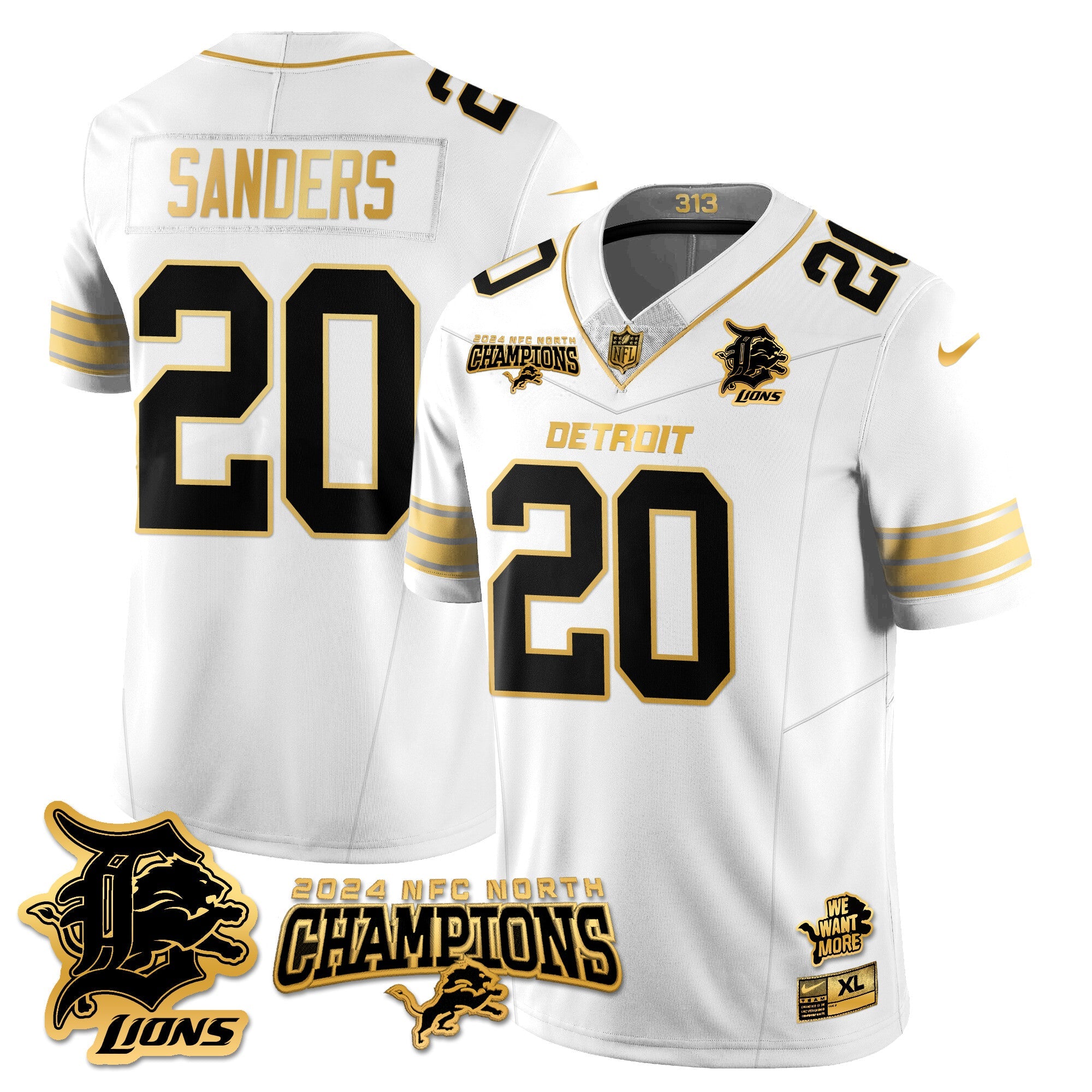 Detroit Lions 2024 NFC North Champions Gold Jersey N1 – All Stitched – Barry Sanders – 20 – White Gold Jersey