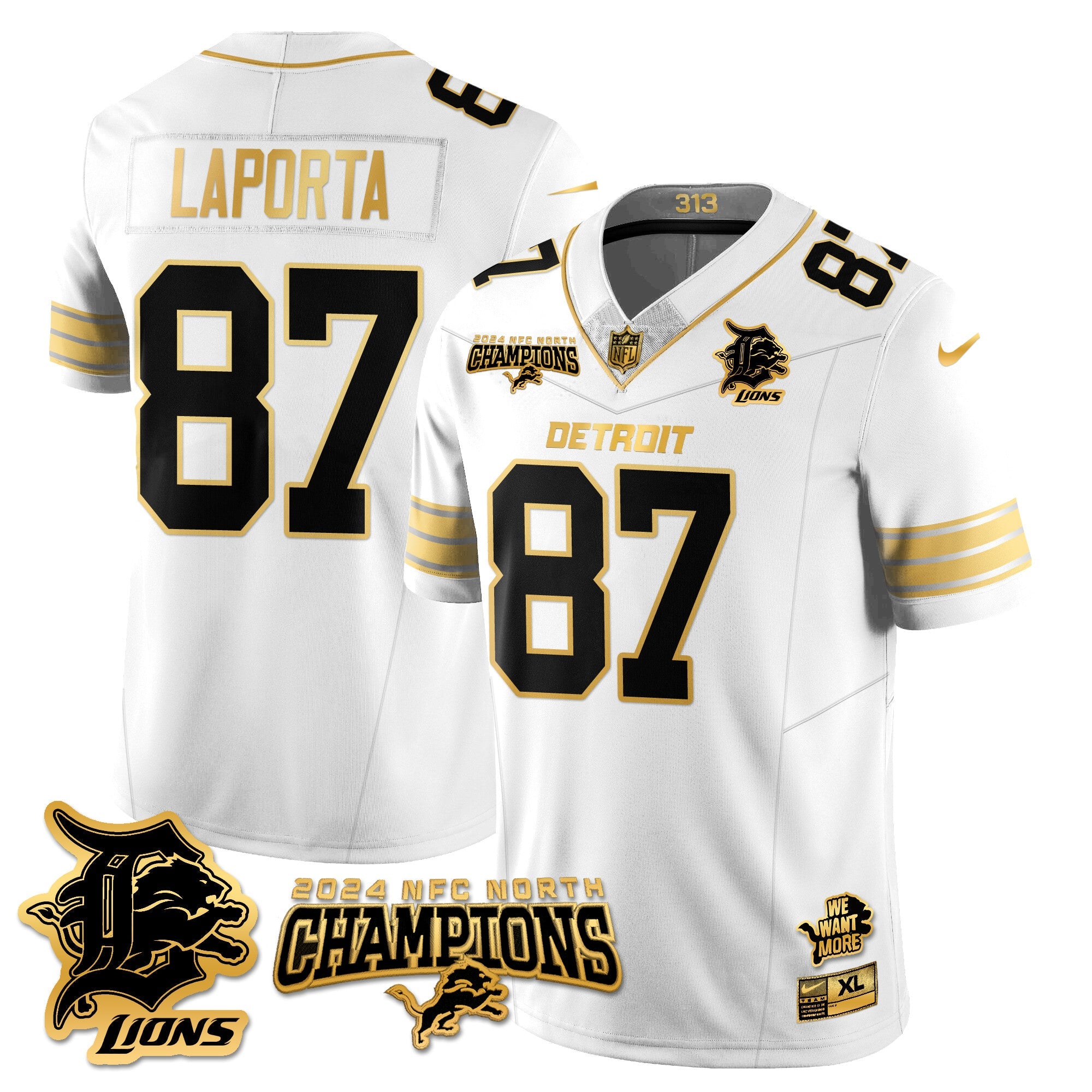 Detroit Lions 2024 NFC North Champions Gold Jersey N1 – All Stitched – Sam LaPorta – 87 – White Gold Jersey
