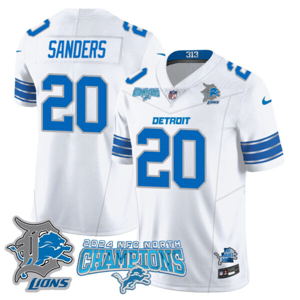 Detroit Lions 2024 NFC North Champions Gold Jersey N1 – All Stitched – Barry Sanders – 20 – White Jersey
