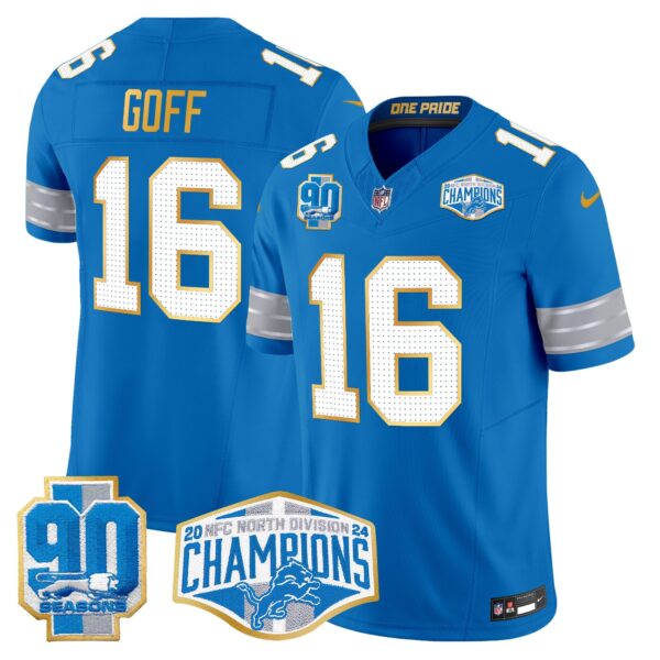 Detroit Lions 2024 NFC North Division Champions Patch Gold Trim Vapor Limited Jersey – All Stitched – Blue – Jared Goff Jersey