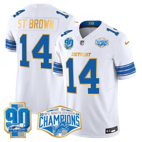 Detroit Lions 2024 NFC North Division Champions Patch Gold Trim Vapor Limited Jersey – All Stitched – White – St. Brown Jersey