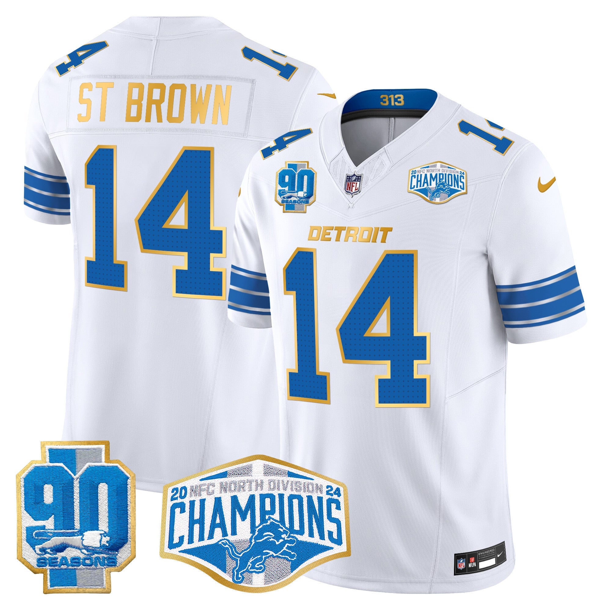 Detroit Lions 2024 NFC North Division Champions Patch Gold Trim Vapor Limited Jersey – All Stitched – White – St. Brown Jersey