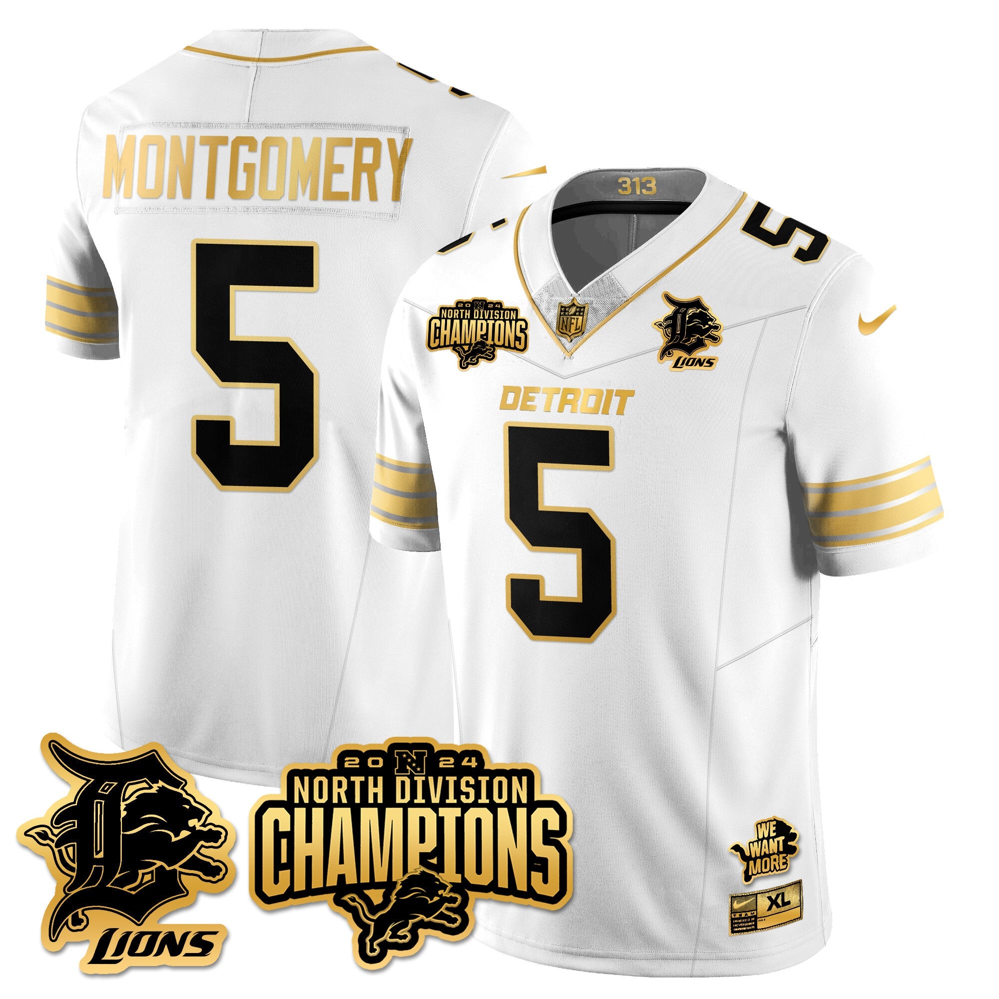 Detroit Lions 2024 NFC North Champions Gold Jersey N2 – All Stitched – David Montgomery – 5 – White Gold Jersey