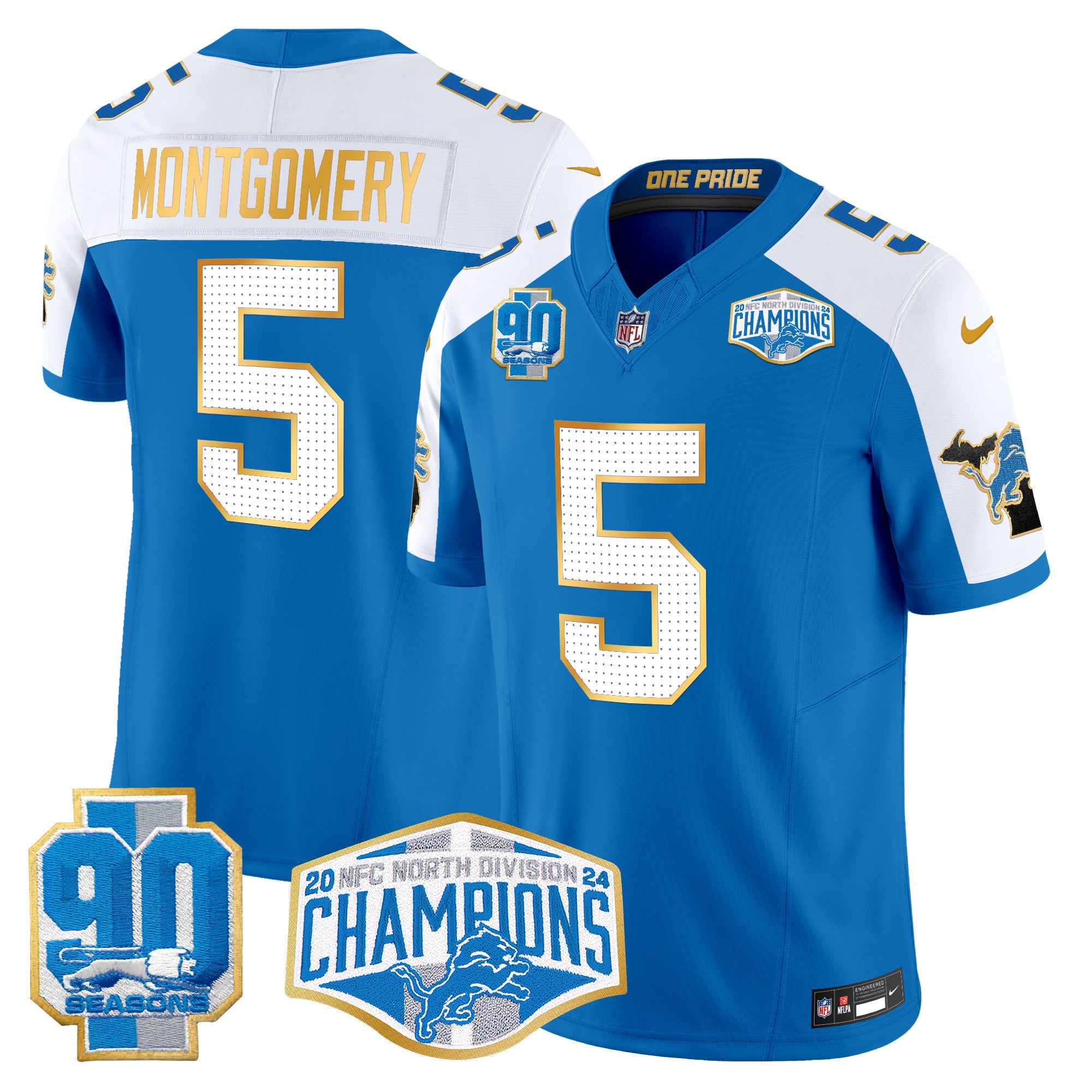 Detroit Lions 2024 NFC North Division Champions Patch Gold Trim Vapor Limited Jersey – All Stitched – Blue Alternate – David Montgomery Jersey