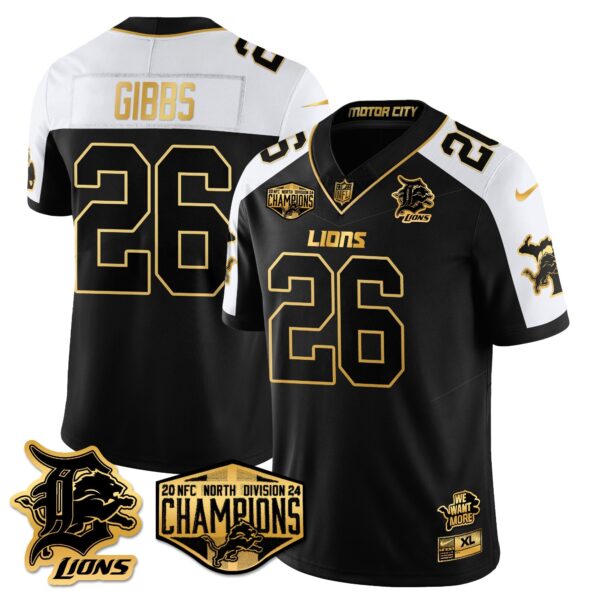 Detroit Lions 2024 NFC North Champions Gold Jersey – All Stitched – Jahmyr Gibbs – 26 – Alternate Jersey