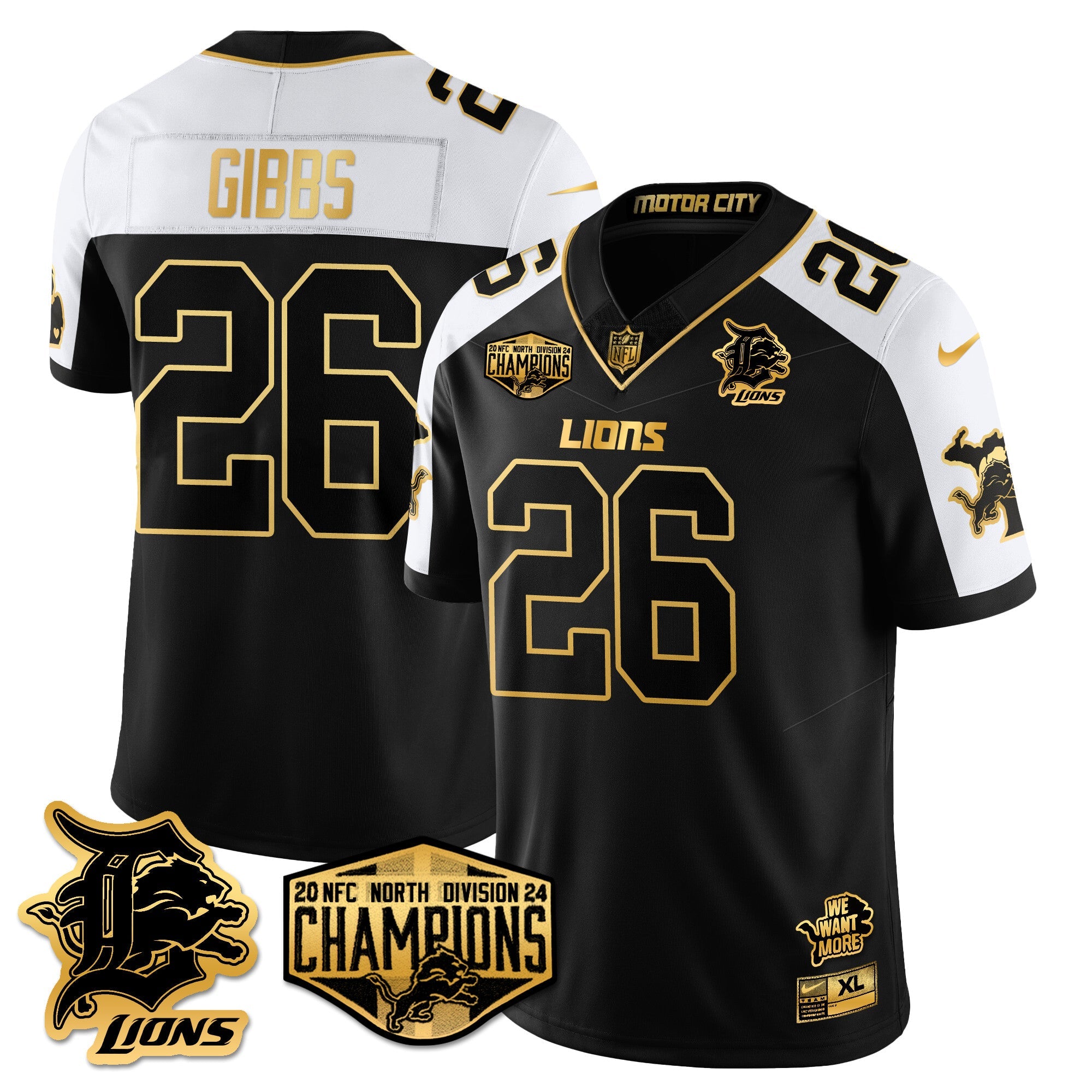 Detroit Lions 2024 NFC North Champions Gold Jersey – All Stitched – Jahmyr Gibbs – 26 – Alternate Jersey