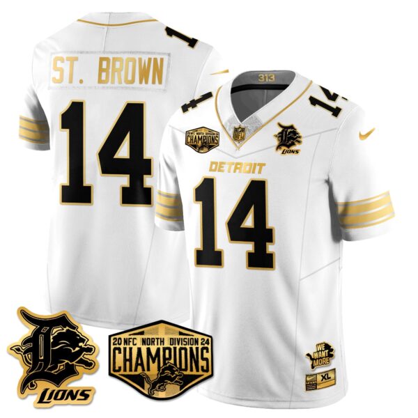 Detroit Lions 2024 NFC North Champions Gold Jersey – All Stitched – Amon-Ra St. Brown – 14 – White Gold Jersey