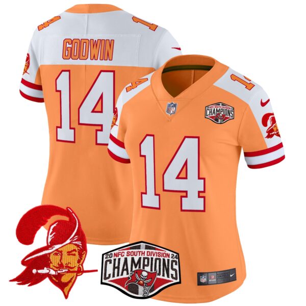 Women’s Tampa Bay Buccaneers Creamsicle 2024 NFC South Division Champions Patch Vapor Limited Jersey – All Stitched – Creamsicle Alternate – Chris Godwin Jersey
