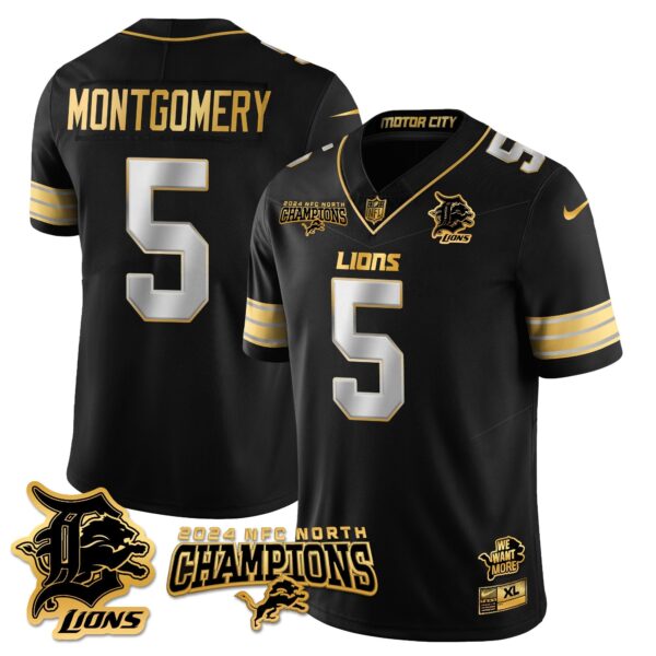 Detroit Lions 2024 NFC North Champions Gold Jersey N1 – All Stitched – David Montgomery – 5 – Black Limited Jersey
