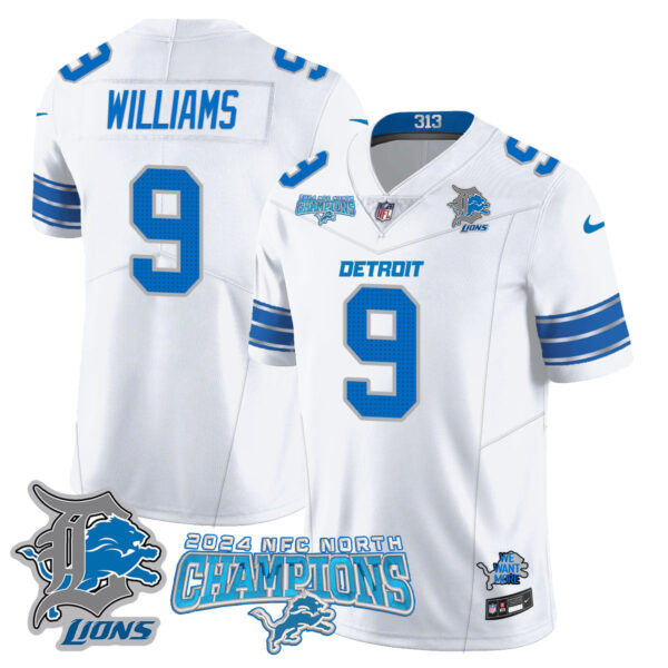 Detroit Lions 2024 NFC North Champions Gold Jersey N1 – All Stitched – Jameson Williams – 9 – White Jersey