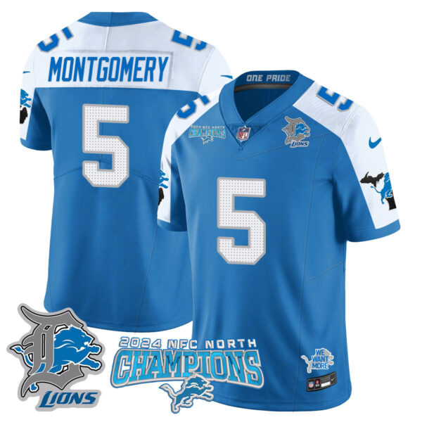 Detroit Lions 2024 NFC North Champions Gold Jersey N1 – All Stitched – David Montgomery – 5 – Blue Alternate Jersey