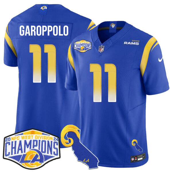Los Angeles Rams 2024 NFC West Division Champions Jersey N1 – All Stitched – Jimmy Garoppolo – 11 – Royal Jersey