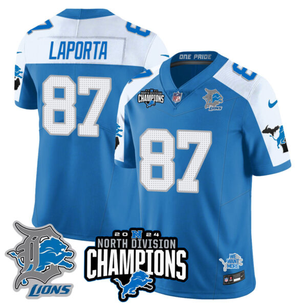 Detroit Lions 2024 NFC North Champions Gold Jersey N2 – All Stitched – Sam LaPorta – 87 – Blue Alternate Jersey