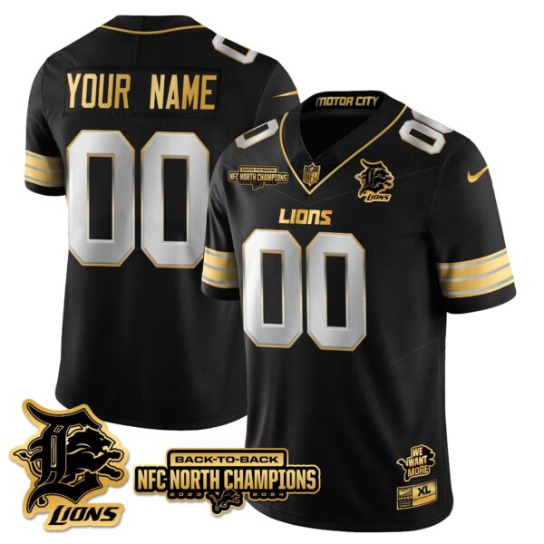 Custom Gender/Name Detroit Lions 2024 NFC North Champions Gold Jersey N3 – All Stitched – Black Limited Jersey