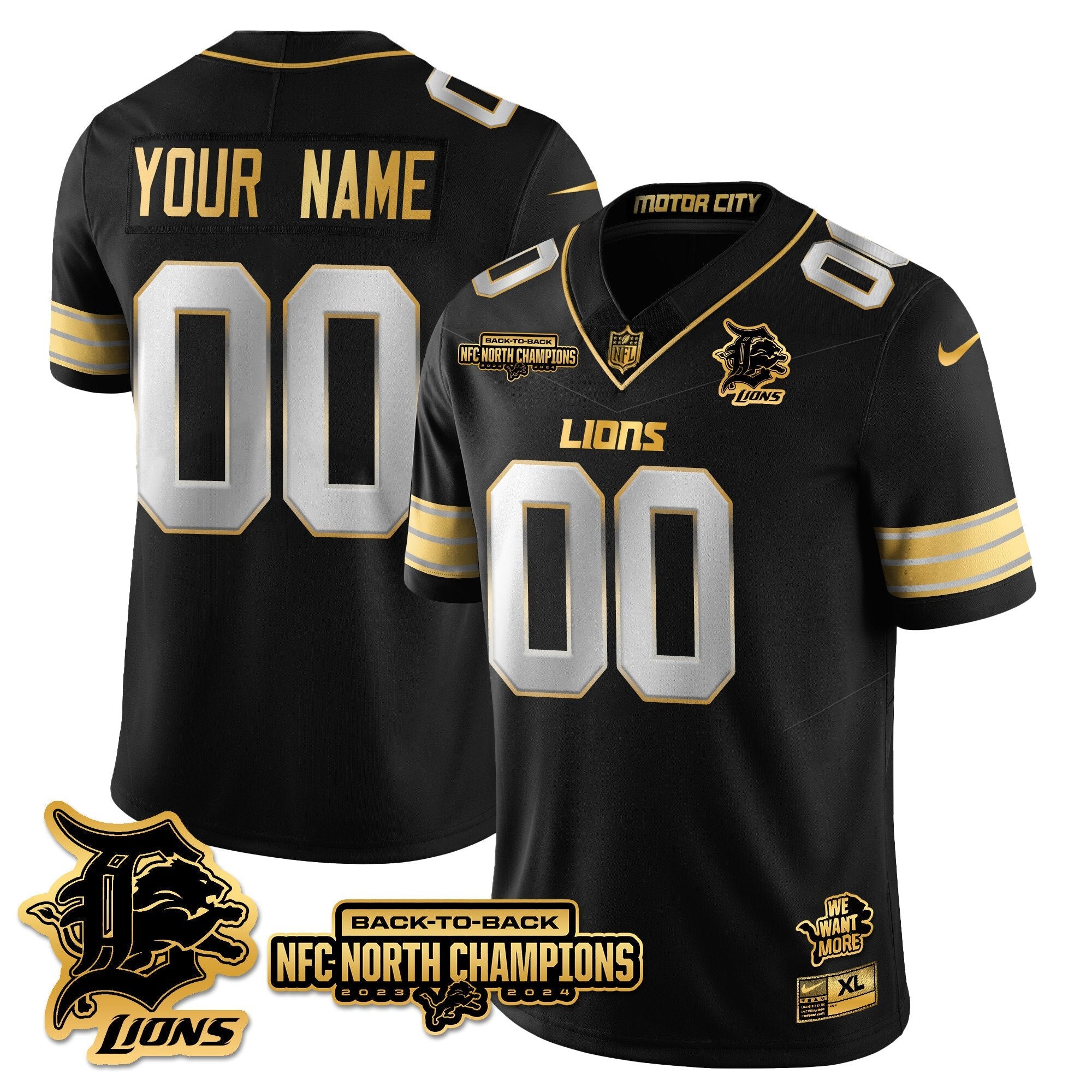 Custom Gender/Name Detroit Lions 2024 NFC North Champions Gold Jersey N3 – All Stitched – Black Limited Jersey