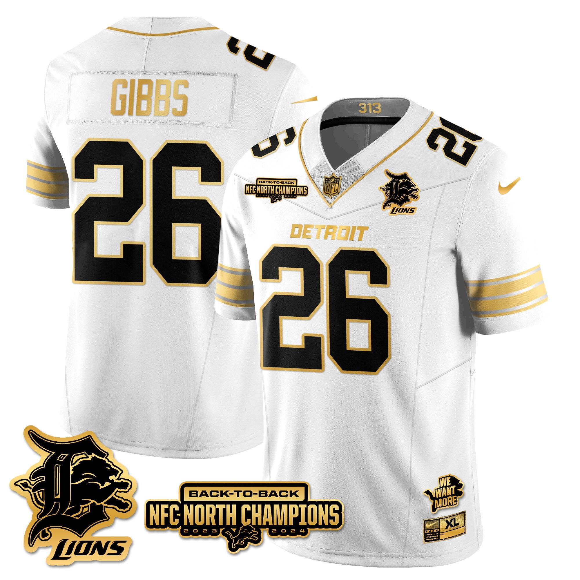 Detroit Lions – Jahmyr Gibbs – 26 – White Gold Jersey