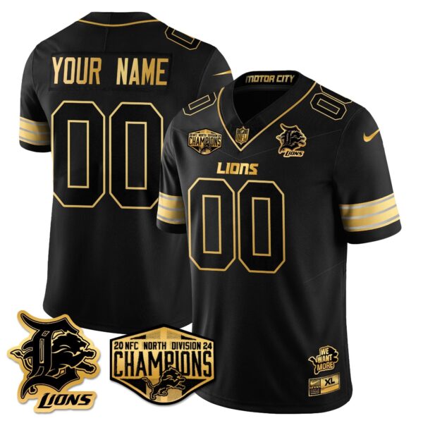 Custom Gender/Name Detroit Lions 2024 NFC North Champions Gold Jersey – All Stitche – Black Gold Jersey