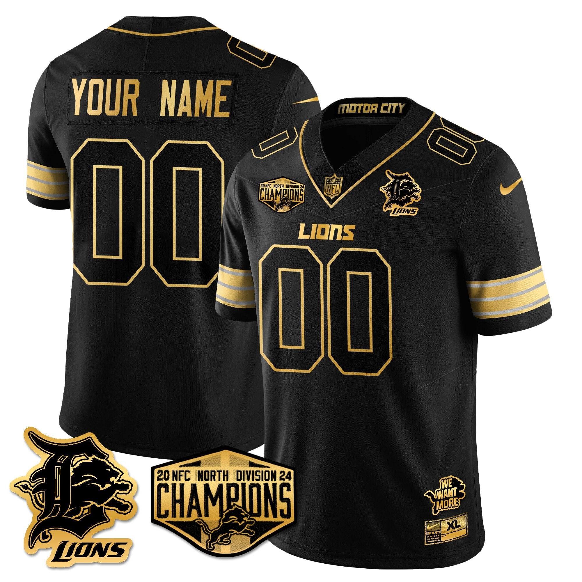 Custom Gender/Name Detroit Lions 2024 NFC North Champions Gold Jersey – All Stitche – Black Gold Jersey