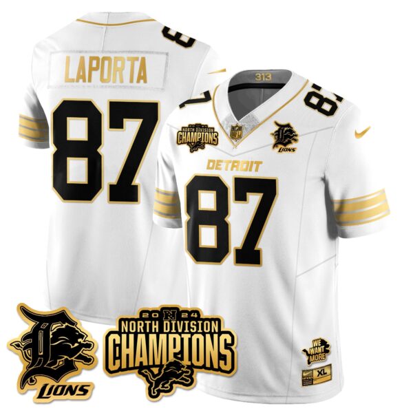 Detroit Lions 2024 NFC North Champions Gold Jersey N2 – All Stitched – Sam LaPorta – 87 – White Gold Jersey