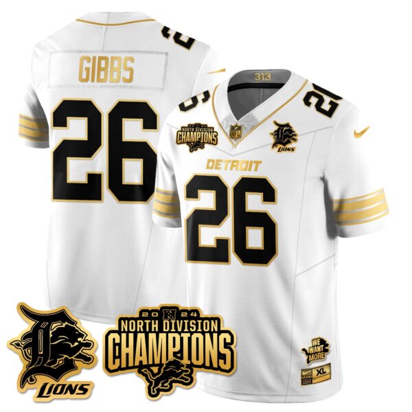 Detroit Lions 2024 NFC North Champions Gold Jersey N2 – All Stitched – Jahmyr Gibbs – 26 – White Gold Jersey