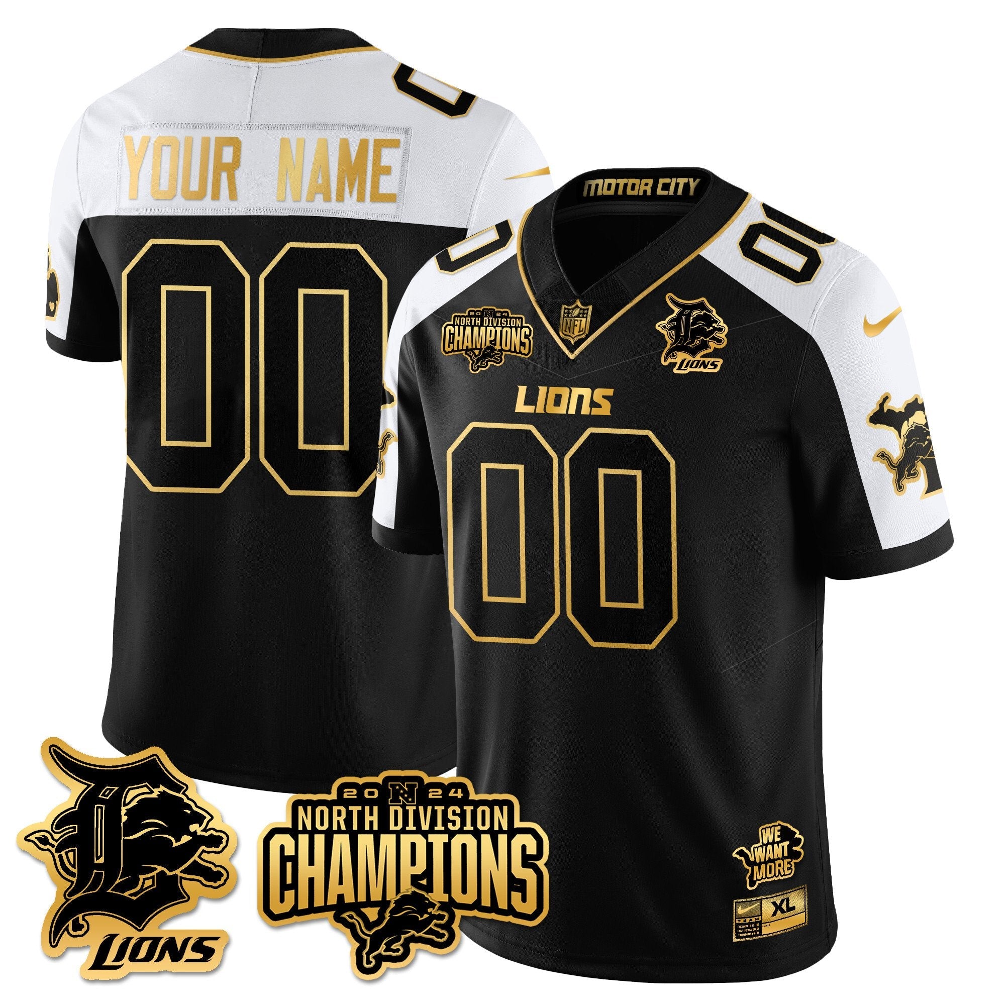 Custom Gender/Name Detroit Lions 2024 NFC North Champions Gold Jersey N2 – All Stitched – Alternate Jersey