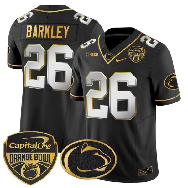 Penn State Nittany Lions Orange Bowl Patch Gold Vapor Limited Jersey – All Stitched – Black Limited – Saquon Barkley Jersey