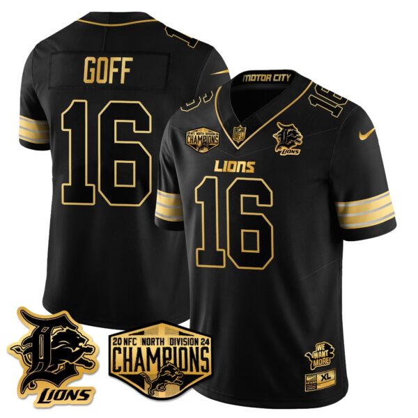Detroit Lions 2024 NFC North Champions Gold Jersey – All Stitched – Jared Goff – 16 – Black Gold Jersey
