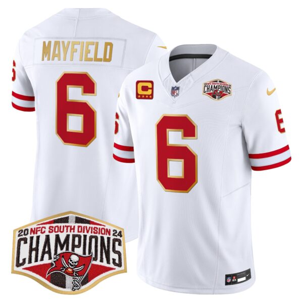 Buccaneers Creamsicle 2024 NFC South Division Champions Patch Gold Trim Vapor Limited Jersey – All Stitched – White – Baker Mayfield Jersey