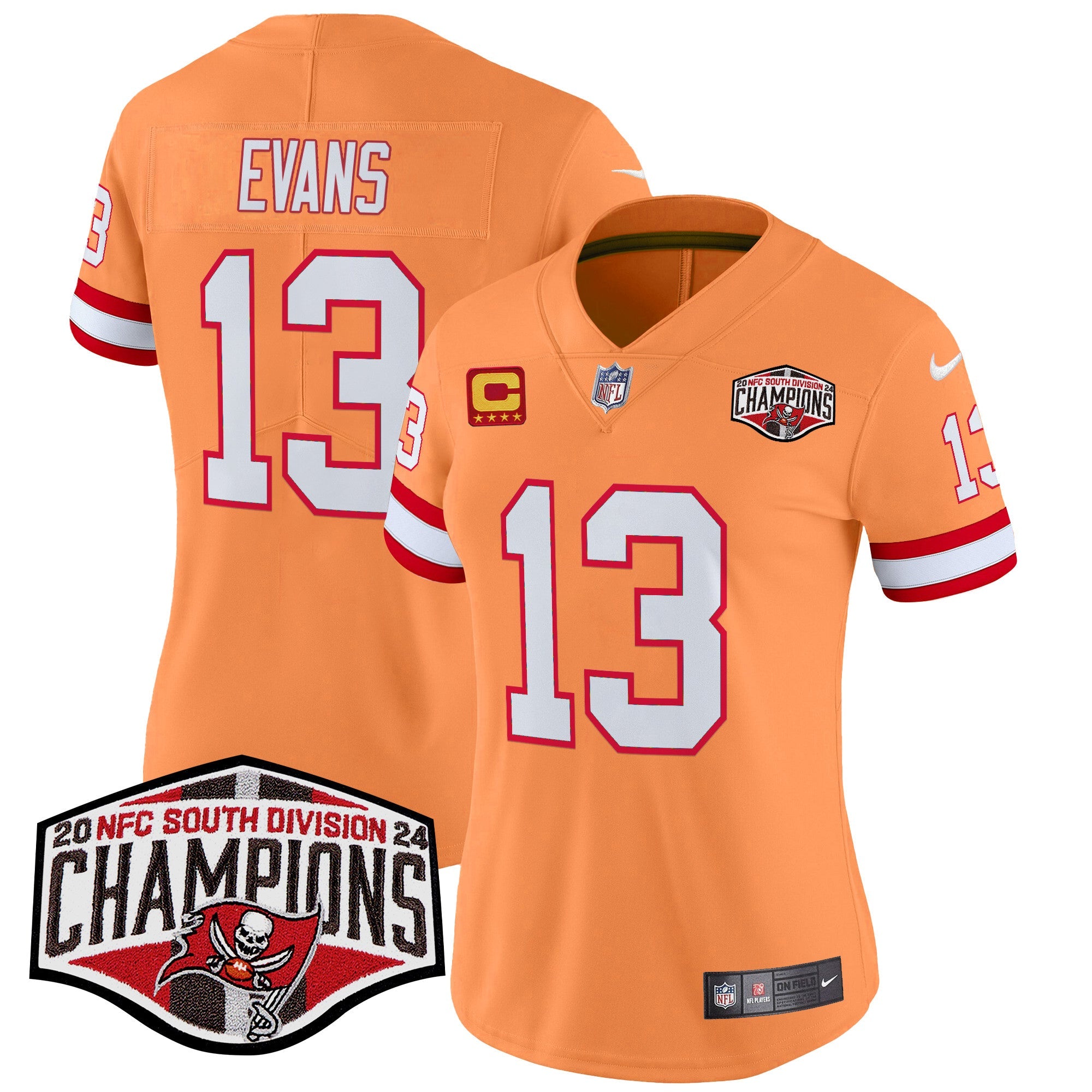Women’s Tampa Bay Buccaneers Creamsicle 2024 NFC South Division Champions Patch Vapor Limited Jersey – All Stitched – Creamsicle – Mike Evans Jersey