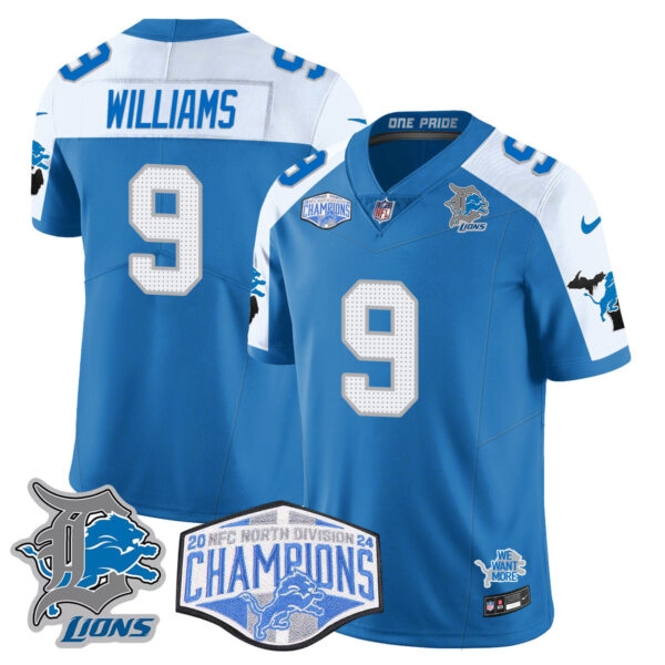 Detroit Lions 2024 NFC North Champions Gold Jersey – All Stitched – Jameson Williams – 9 – Blue Alternate Jersey