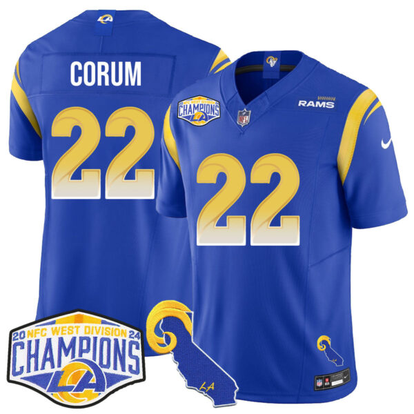 Los Angeles Rams 2024 NFC West Division Champions Jersey N1 – All Stitched – Blake Corum – 22 – Royal Jersey